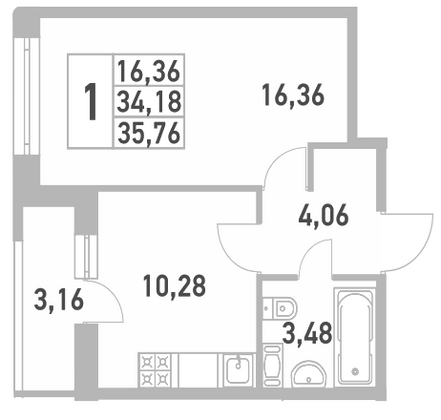 Продажа 1-комнатной квартиры 35,8 м², 3/12 этаж