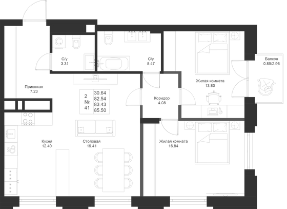 83,4 м², 2-комн. квартира, 4/9 этаж