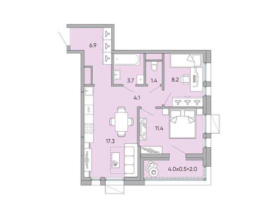 55 м², 2-комн. квартира, 14/18 этаж