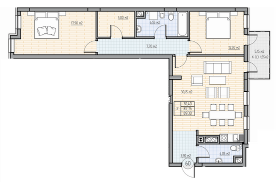 89,4 м², 2-комн. квартира, 3/7 этаж