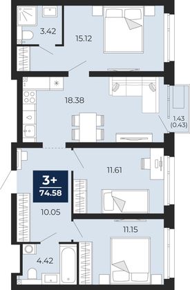 74,6 м², 3-комн. квартира, 8/14 этаж