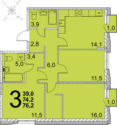 74,8 м², 3-комн. квартира, 9 этаж
