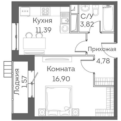 Продажа 1-комнатной квартиры 38,5 м², 11/24 этаж