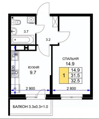 Продажа 1-комнатной квартиры 33,2 м², 6/16 этаж