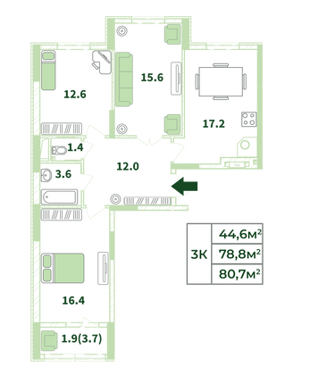 80,7 м², 3-комн. квартира, 2/18 этаж