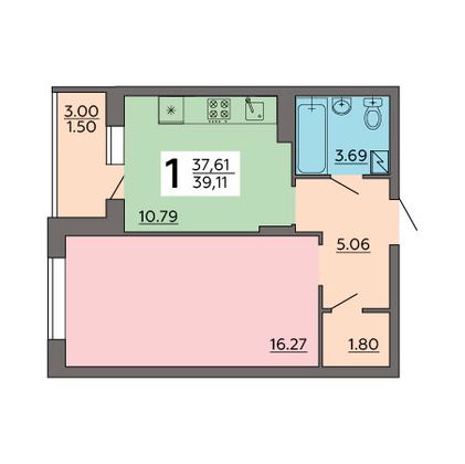 Продажа 1-комнатной квартиры 39,1 м², 5/18 этаж
