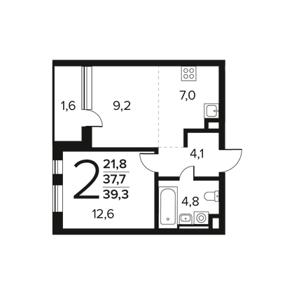 39,3 м², 2-комн. квартира, 2/9 этаж