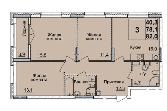 Продажа 3-комнатной квартиры 82 м², 12/24 этаж