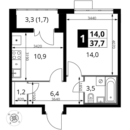 37,7 м², 1-комн. квартира, 16/22 этаж