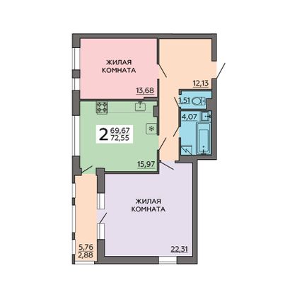 Продажа 2-комнатной квартиры 72,6 м², 3/12 этаж