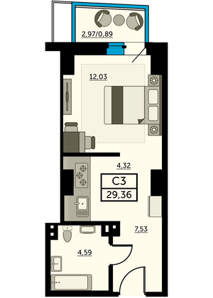 29,9 м², студия, 3/27 этаж