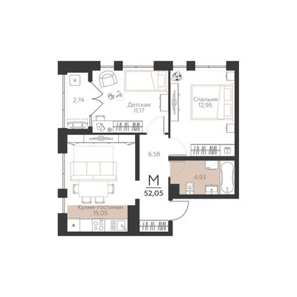 52 м², 2-комн. квартира, 3/5 этаж