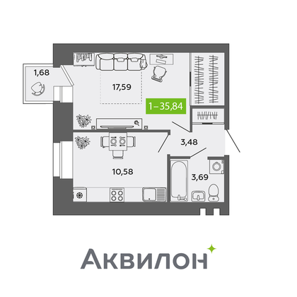 35,8 м², 1-комн. квартира, 4/9 этаж