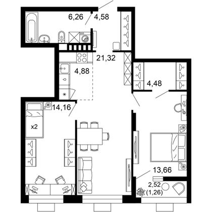 70,6 м², 3-комн. квартира, 2/10 этаж