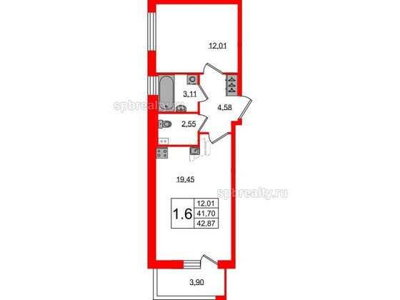 Продажа 1-комнатной квартиры 41,7 м², 1/9 этаж