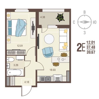 39,7 м², 1-комн. квартира, 16/17 этаж