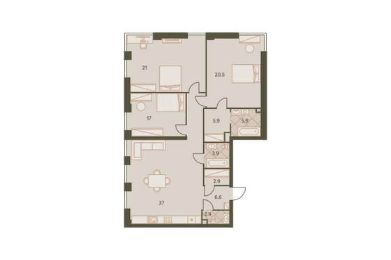 123,9 м², 4-комн. квартира, 39/42 этаж
