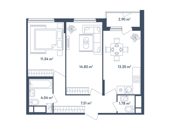 54,7 м², 2-комн. квартира, 1/4 этаж