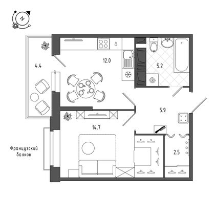 41,7 м², 1-комн. квартира, 7/12 этаж