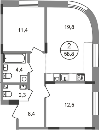 58,8 м², 2-комн. квартира, 1/9 этаж