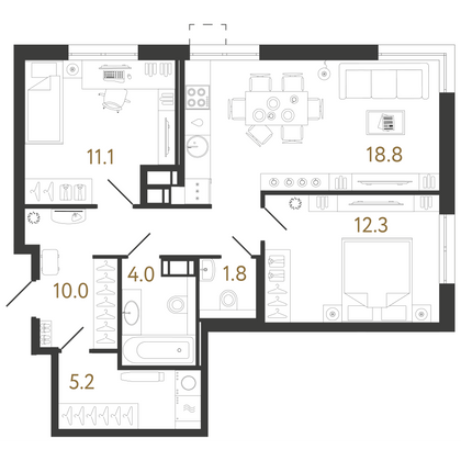 63,2 м², 2-комн. квартира, 9/23 этаж