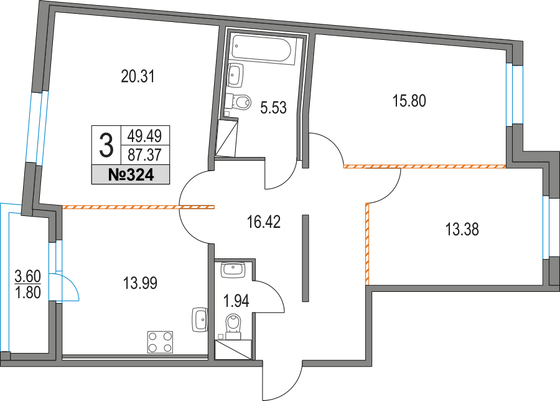 87,4 м², 3-комн. квартира, 4/16 этаж