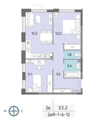 53,2 м², 2-комн. квартира, 12/24 этаж