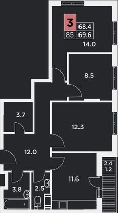 69,6 м², 3-комн. квартира, 4/9 этаж