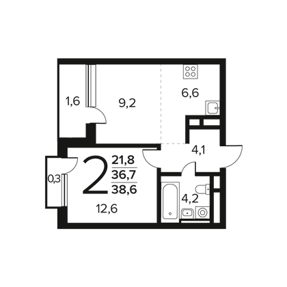 38,6 м², 2-комн. квартира, 5/9 этаж