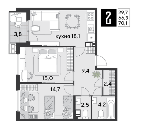 Продажа 2-комнатной квартиры 70,1 м², 9/9 этаж