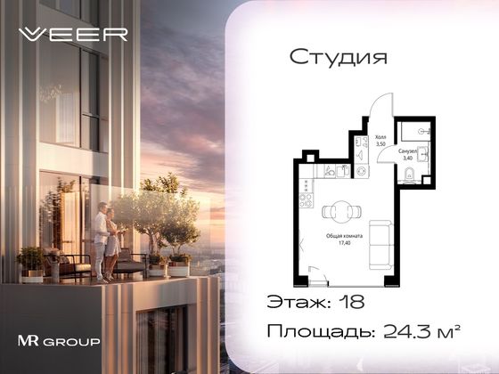 Продажа квартиры-студии 24,3 м², 18/59 этаж