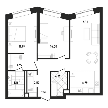 75,6 м², 2-комн. квартира, 27/33 этаж