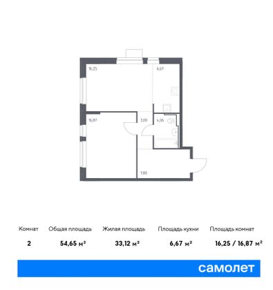 54,7 м², 1-комн. квартира, 10/15 этаж