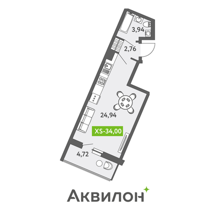 34,2 м², студия, 9/13 этаж