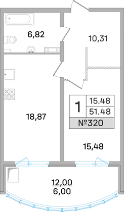 51,5 м², 1-комн. квартира, 10 этаж