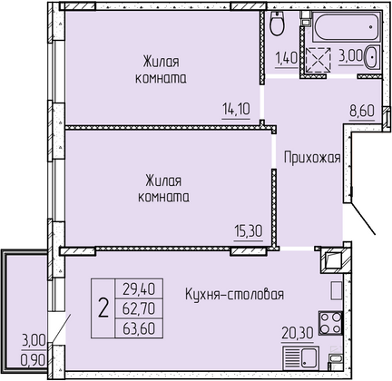 64,3 м², 2-комн. квартира, 2/4 этаж