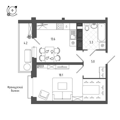 44,8 м², 1-комн. квартира, 7/12 этаж