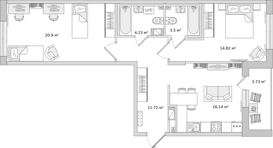 75,8 м², 2-комн. квартира, 2/16 этаж