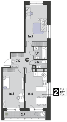 Продажа 2-комнатной квартиры 63,6 м², 15/21 этаж