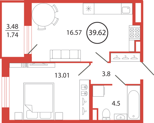 Продажа 1-комнатной квартиры 39,6 м², 2/12 этаж