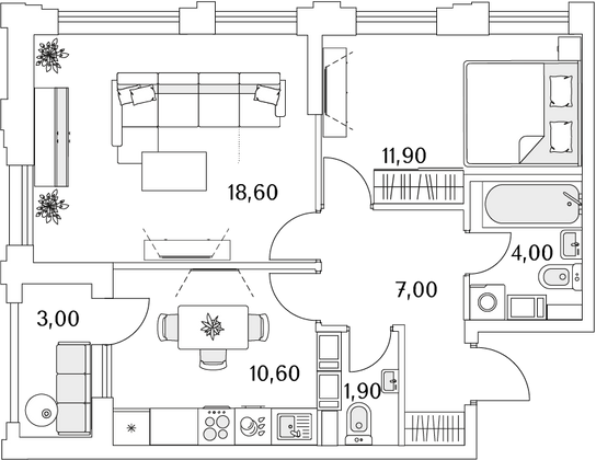 55,5 м², 2-комн. квартира, 2/13 этаж