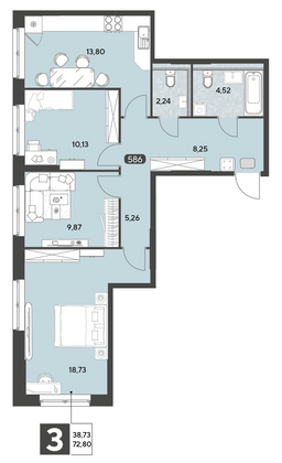 Продажа 3-комнатной квартиры 72,8 м², 3/25 этаж