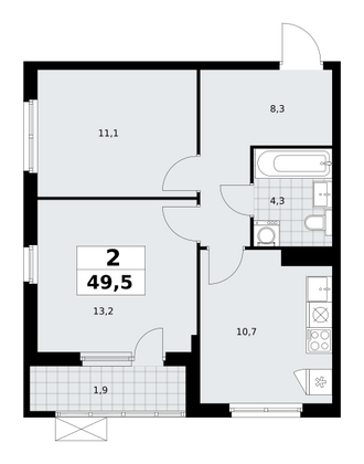 49,5 м², своб. планировка, 15/18 этаж