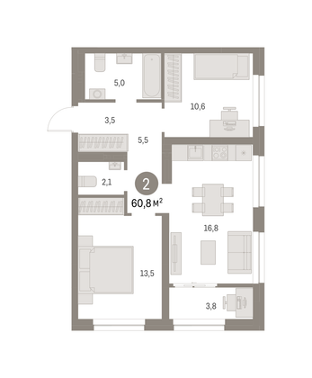 Продажа 2-комнатной квартиры 60,8 м², 6/8 этаж