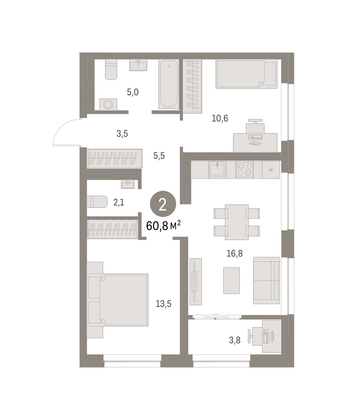 60,8 м², 2-комн. квартира, 6/8 этаж