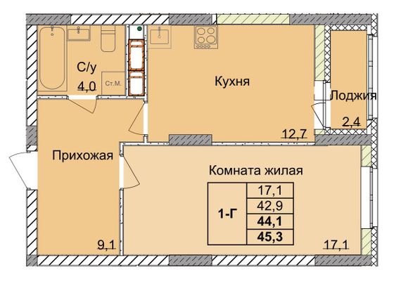 Продажа 1-комнатной квартиры 44,1 м², 7/18 этаж