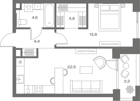51,1 м², 1-комн. квартира, 2/8 этаж