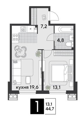 Продажа 1-комнатной квартиры 44,7 м², 2/18 этаж