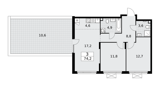 74,2 м², 3-комн. квартира, 2/15 этаж