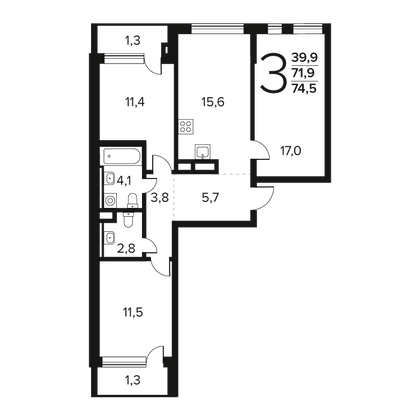 74,5 м², 3-комн. квартира, 2/12 этаж